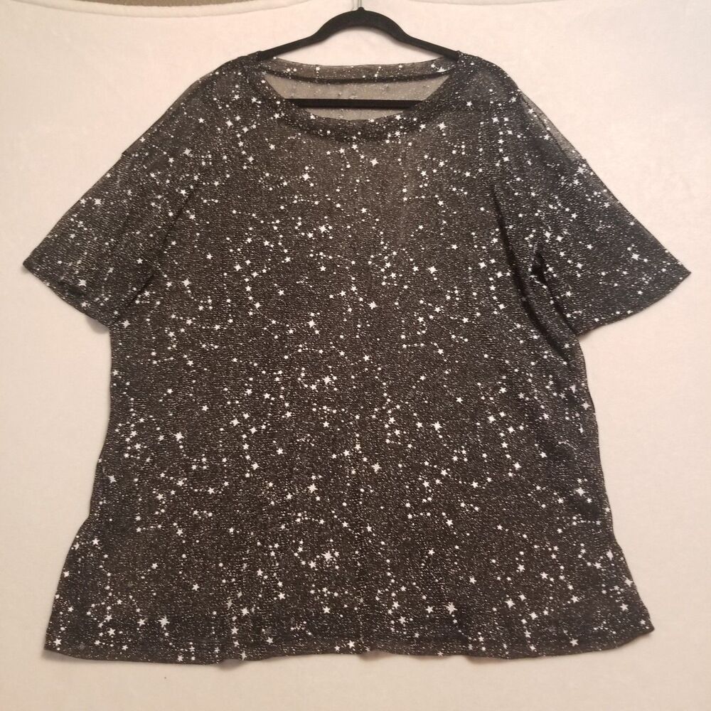 Womens 2X Top Sheer Celestial Star Print Black White Mesh Cyber Rave Whimsigoth